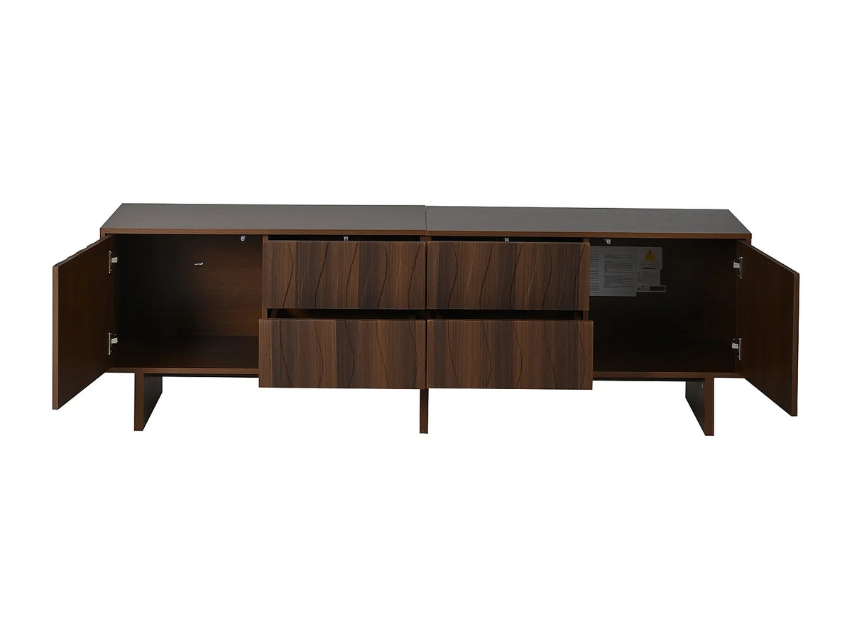 Meuble TV Japandi 4 tiroirs et 2 portes design ondulé effet noyer foncé 180 x 56 cm