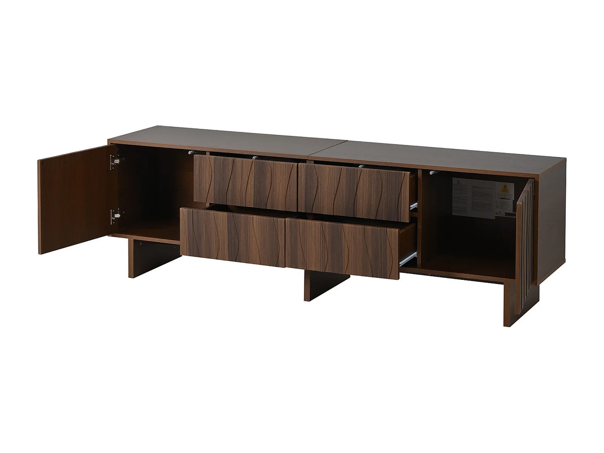 Meuble TV Japandi 4 tiroirs et 2 portes design ondulé effet noyer foncé 180 x 56 cm