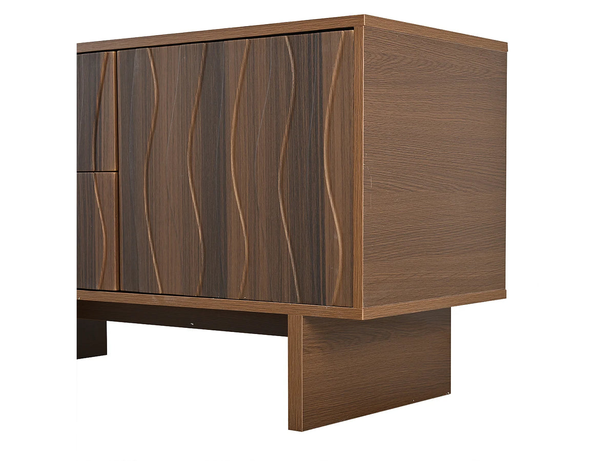 Meuble TV Japandi 4 tiroirs et 2 portes design ondulé effet noyer foncé 180 x 56 cm