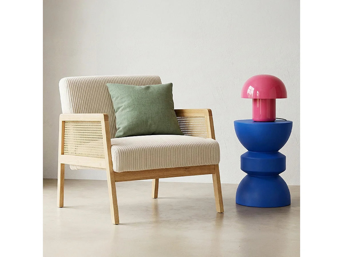 Fauteuil Japandi en cannage et velours côtelé beige - Mani
