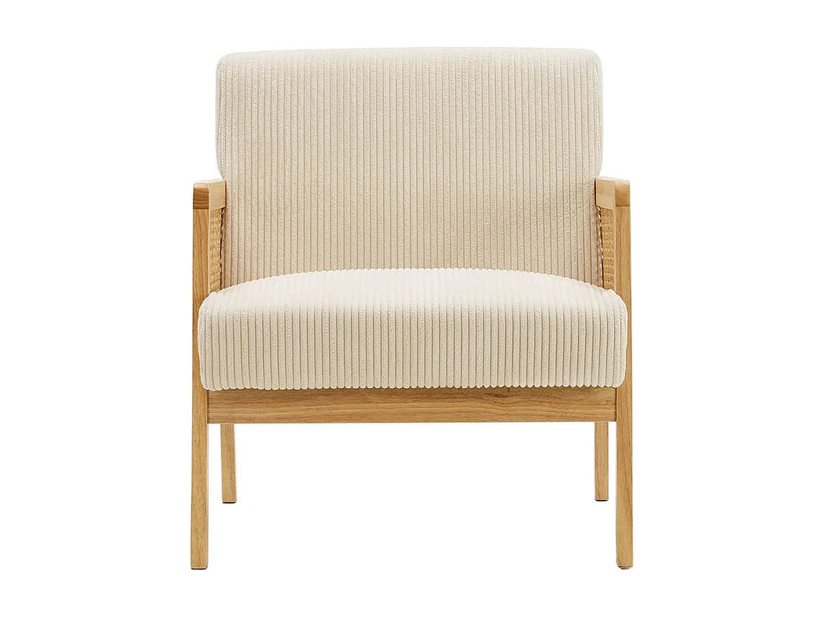 Fauteuil Japandi en cannage et velours côtelé beige - Mani