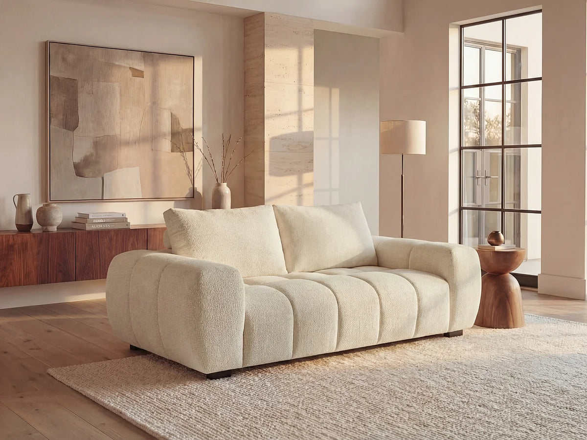 Canapé Japandi 3 places en tissu texturé beige 196 cm - Berenia