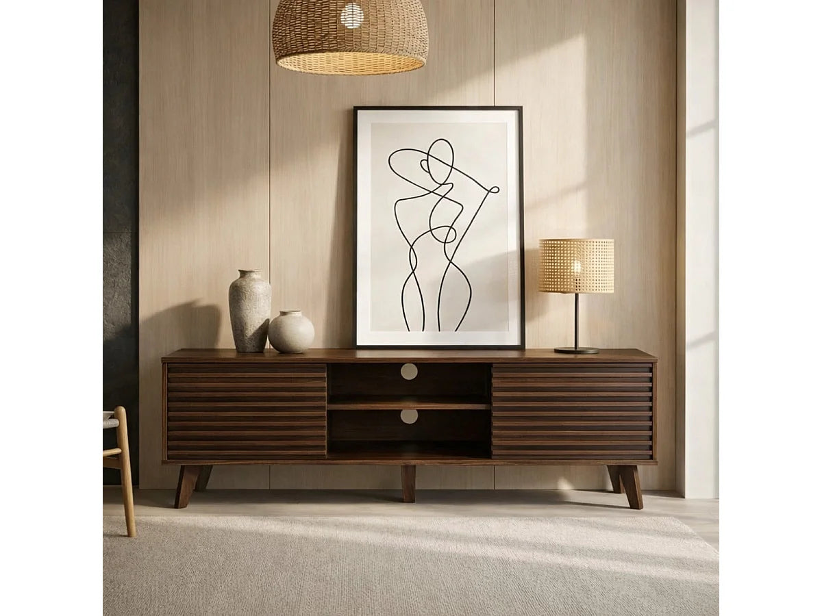 Meuble TV Japandi 2 portes coulissantes cannelé décor noyer foncé 135 x 51,5 cm - Fribourg