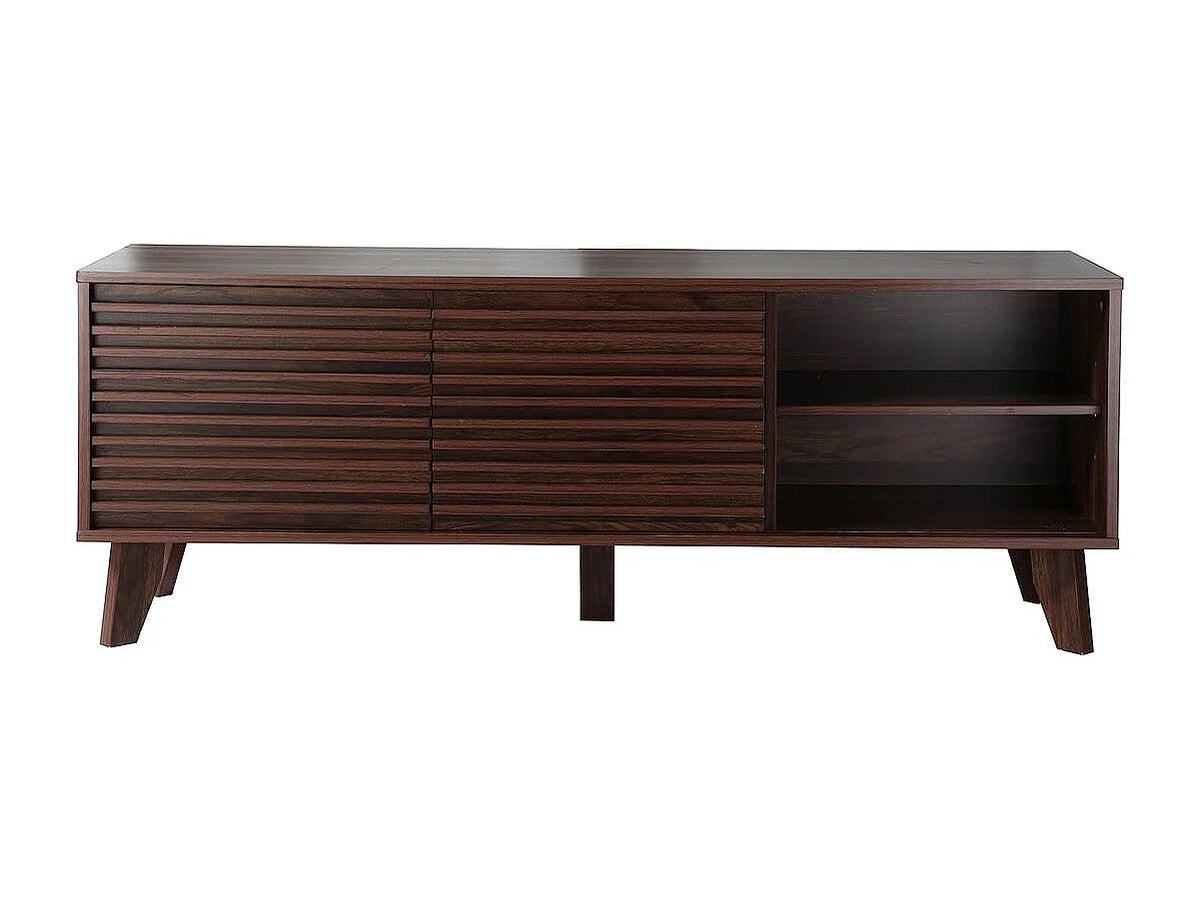 Meuble TV Japandi 2 portes coulissantes cannelé décor noyer foncé 135 x 51,5 cm - Fribourg
