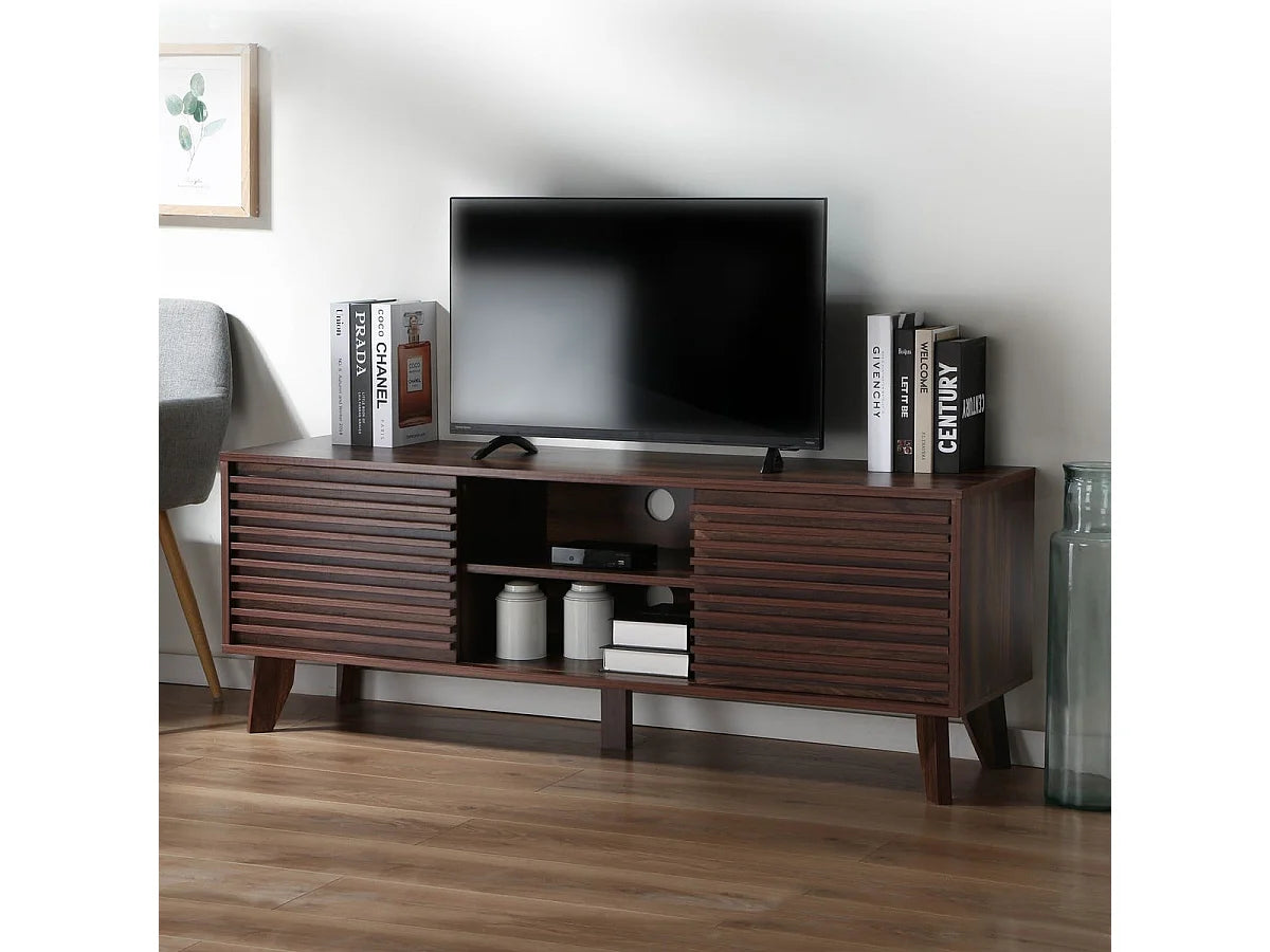 Meuble TV Japandi 2 portes coulissantes cannelé décor noyer foncé 135 x 51,5 cm - Fribourg