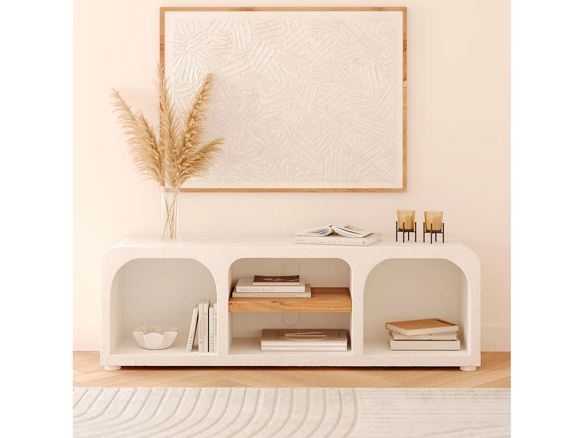 Meuble TV Japandi 4 niches en plâtre blanc cassé 140 x 45 cm - Fira