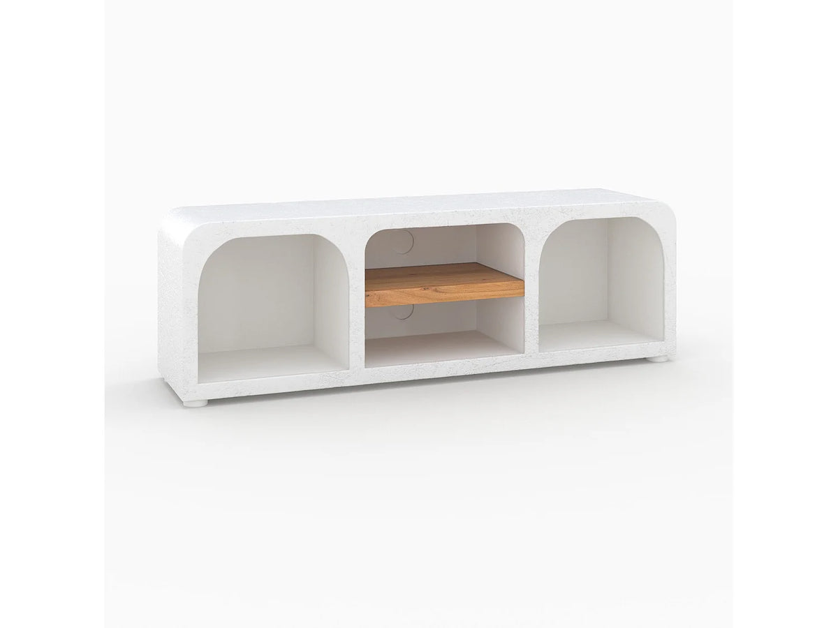 Meuble TV Japandi 4 niches en plâtre blanc cassé 140 x 45 cm - Fira