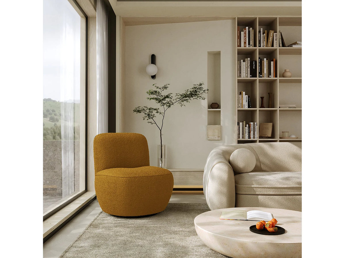 Fauteuil Japandi pivotant en tissu bouclette jaune moutarde - Jena