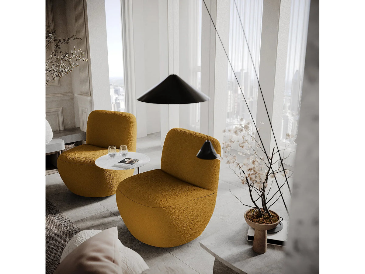 Fauteuil Japandi pivotant en tissu bouclette jaune moutarde - Jena