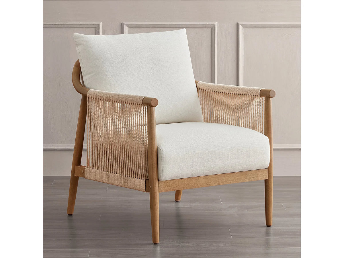 Fauteuil Japandi bohème en bois massif et corde de papier tressée beige