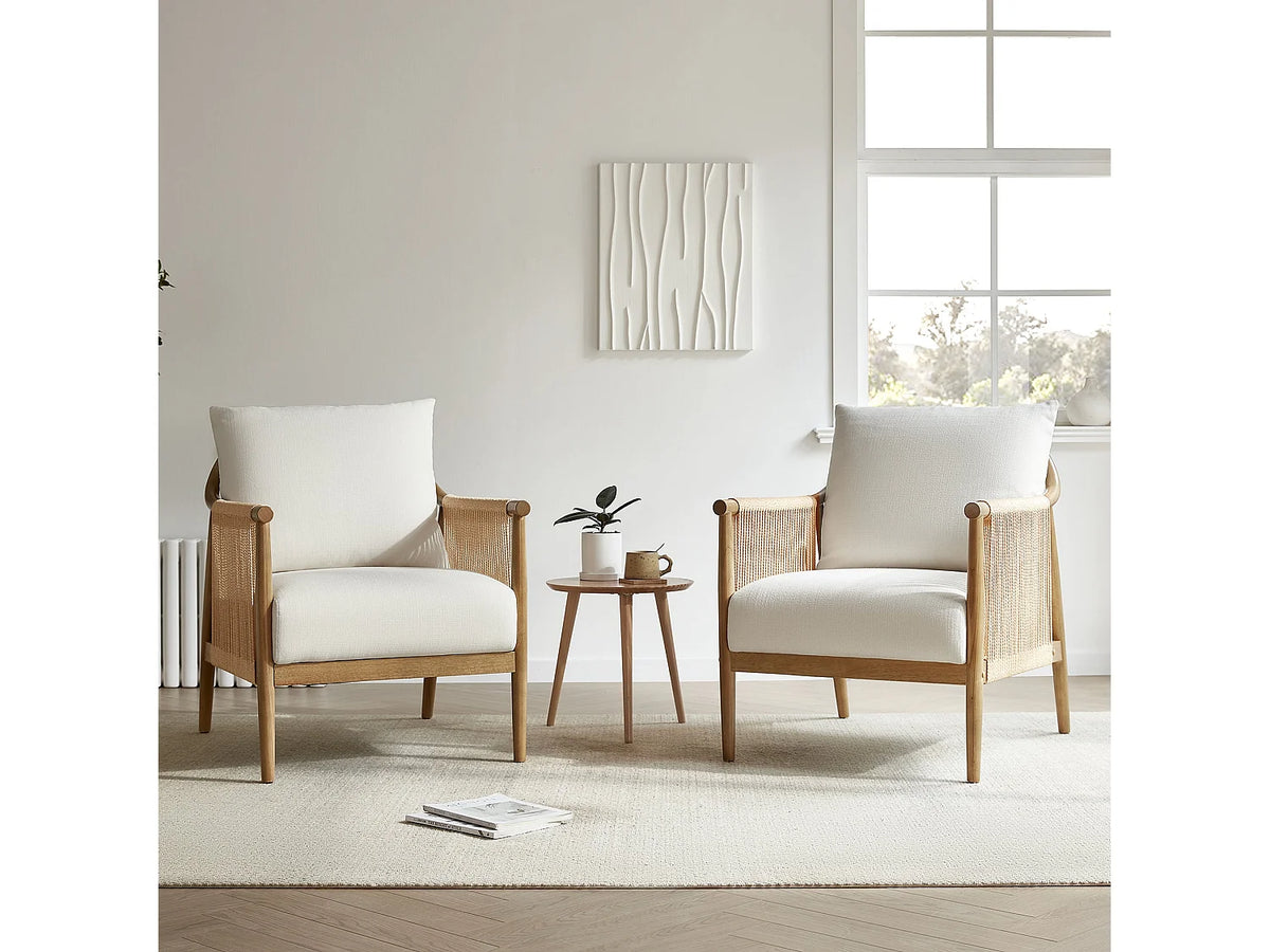 Fauteuil Japandi bohème en bois massif et corde de papier tressée beige