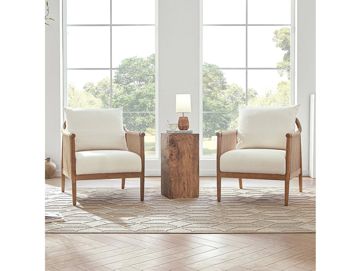 Fauteuil Japandi bohème en bois massif et corde de papier tressée beige