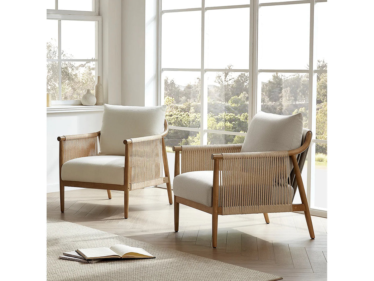 Fauteuil Japandi bohème en bois massif et corde de papier tressée beige