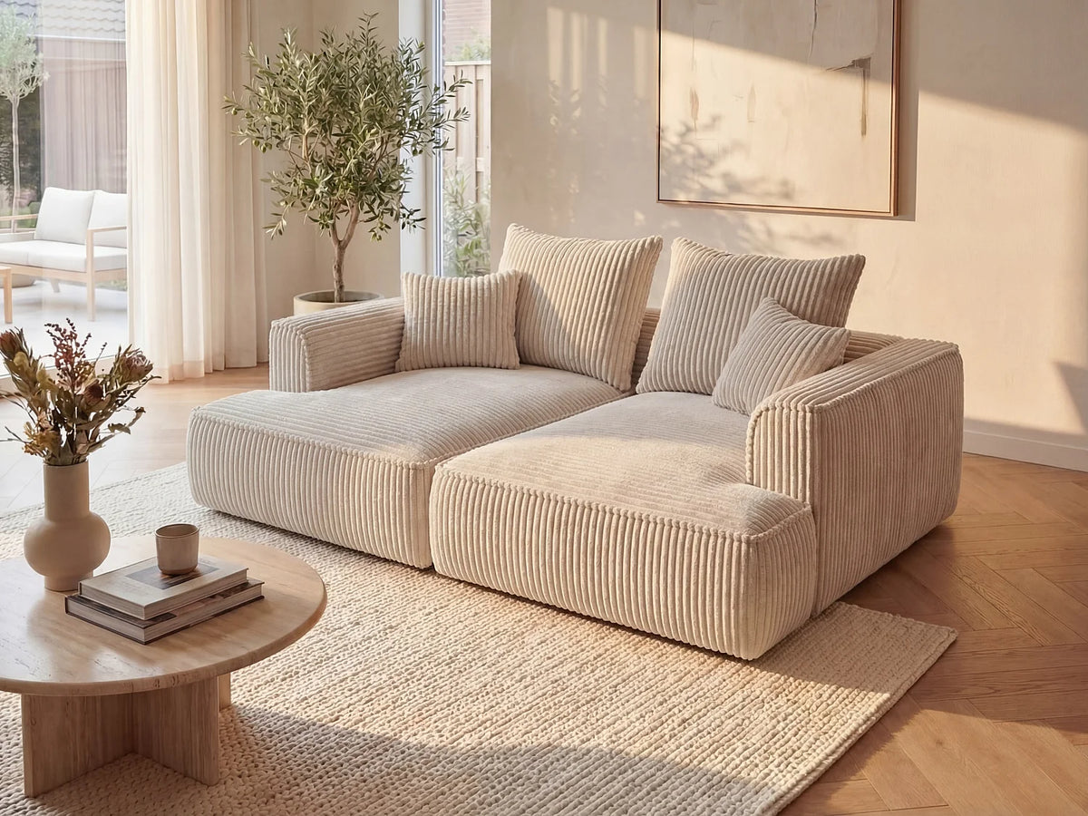 Canapé Japandi 3 places à assise profonde en velours côtelé grosses côtes beige 230 cm - Pineta
