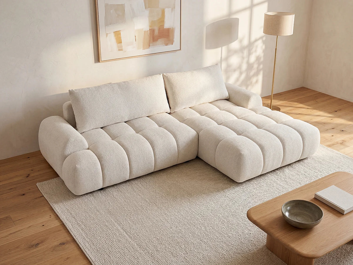 Canapé d'angle Japandi droit convertible avec coffre en tissu chenille beige 280 cm - Farneta