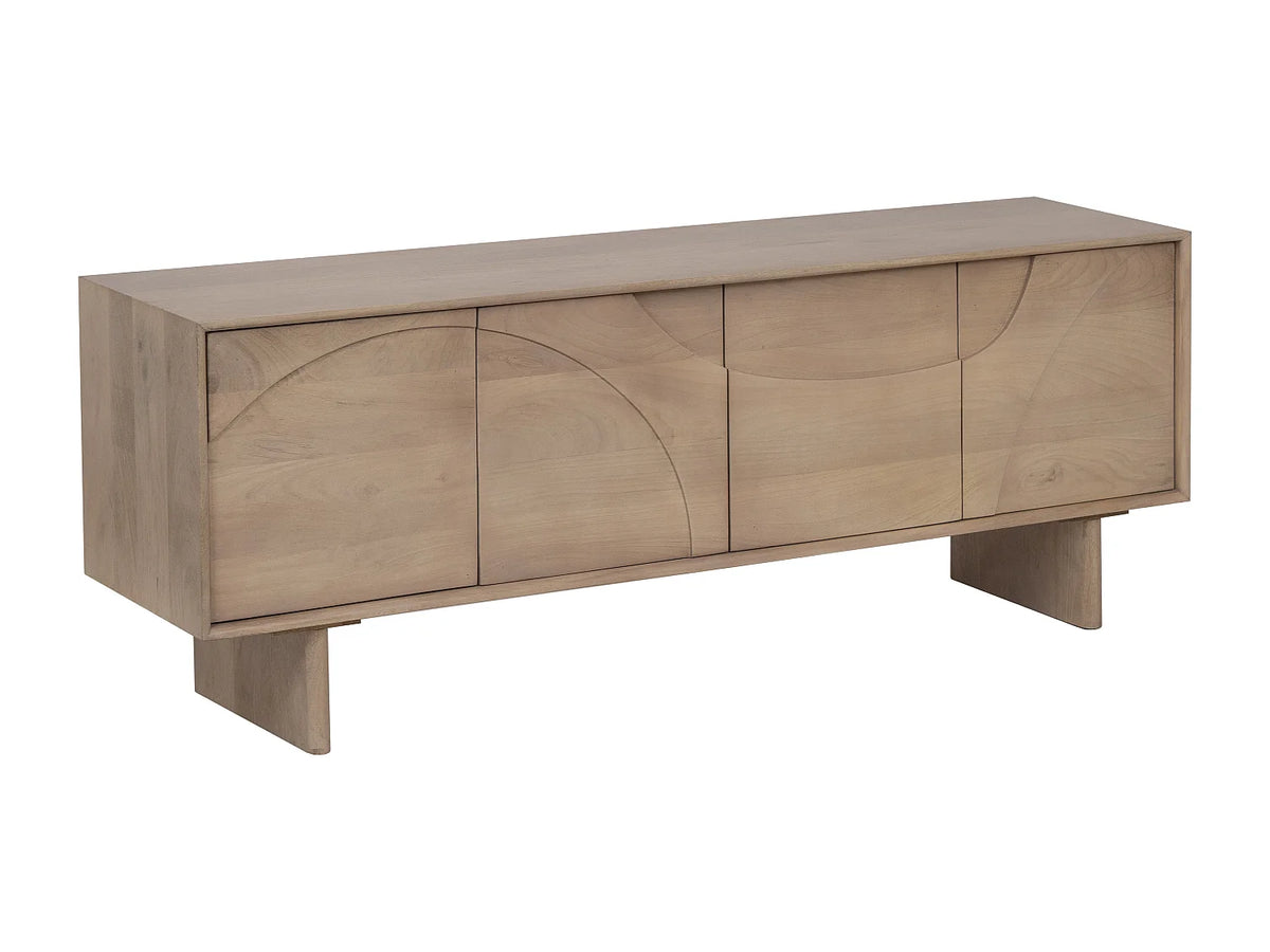 Meuble TV Japandi 4 portes push to open en bois de manguier naturel clair 160 x 60 cm - Berlama