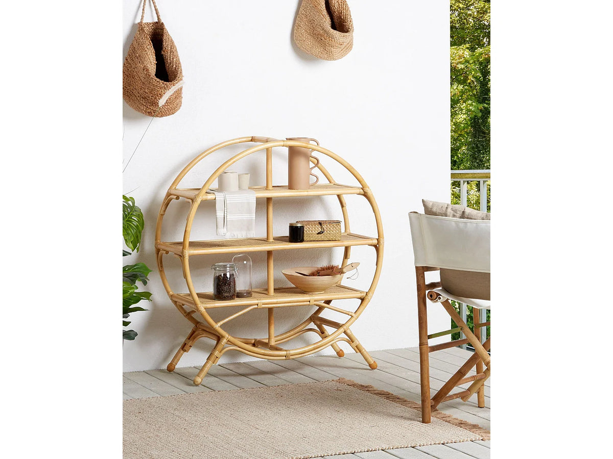 Bibliothèque Japandi ronde 3 tablettes en rotin naturel 100 x 109 cm - Tuvalu