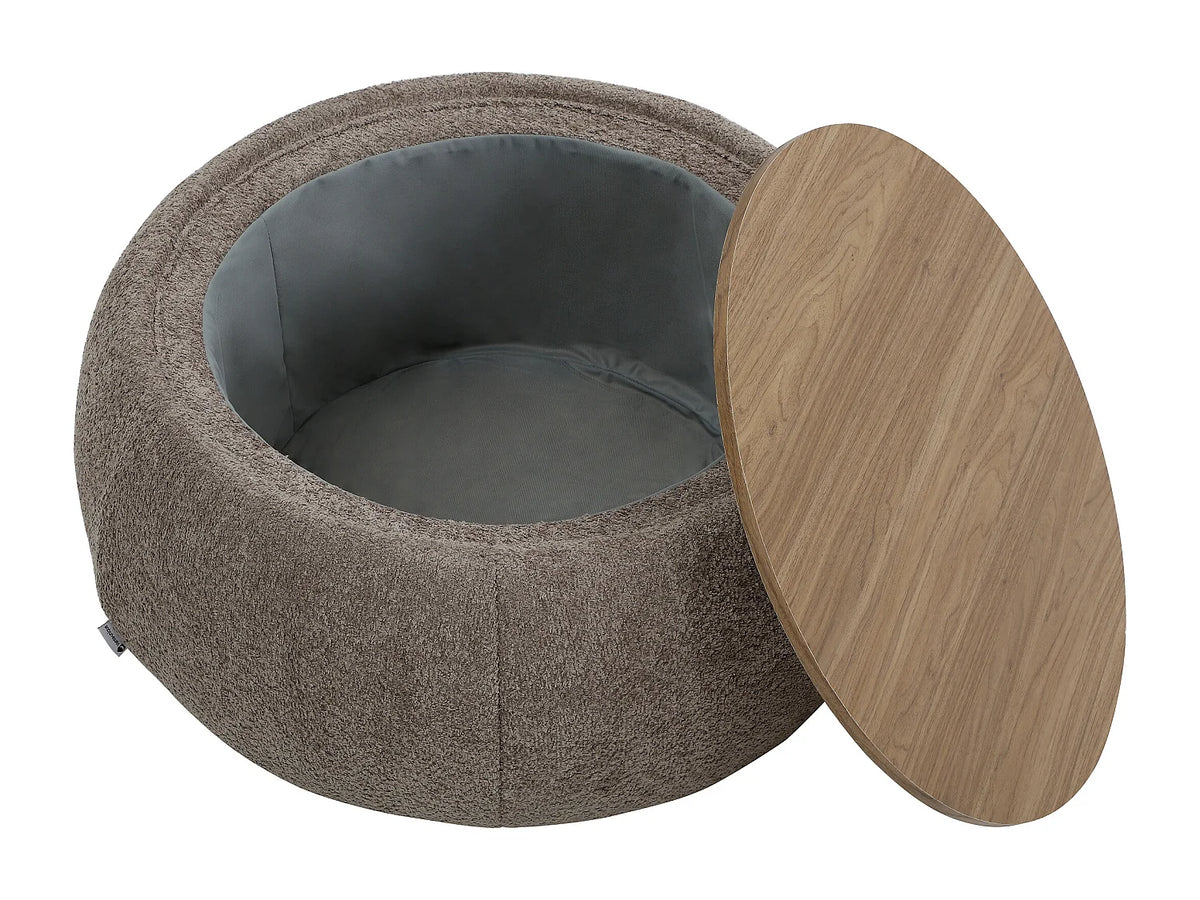 Table basse Japandi ronde avec coffre de rangement en tissu bouclette taupe Ø 85 cm - Sorieli