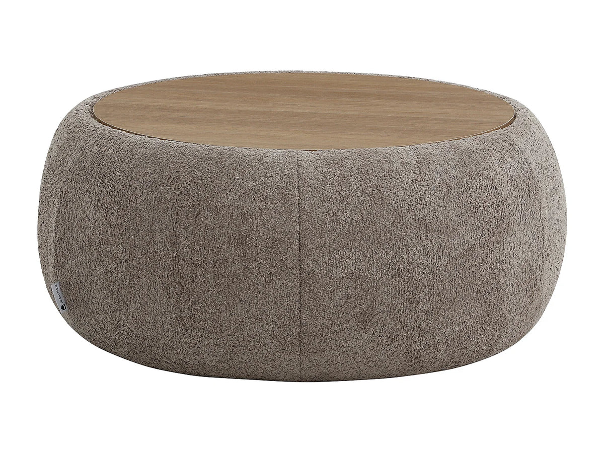 Table basse Japandi ronde avec coffre de rangement en tissu bouclette taupe Ø 85 cm - Sorieli