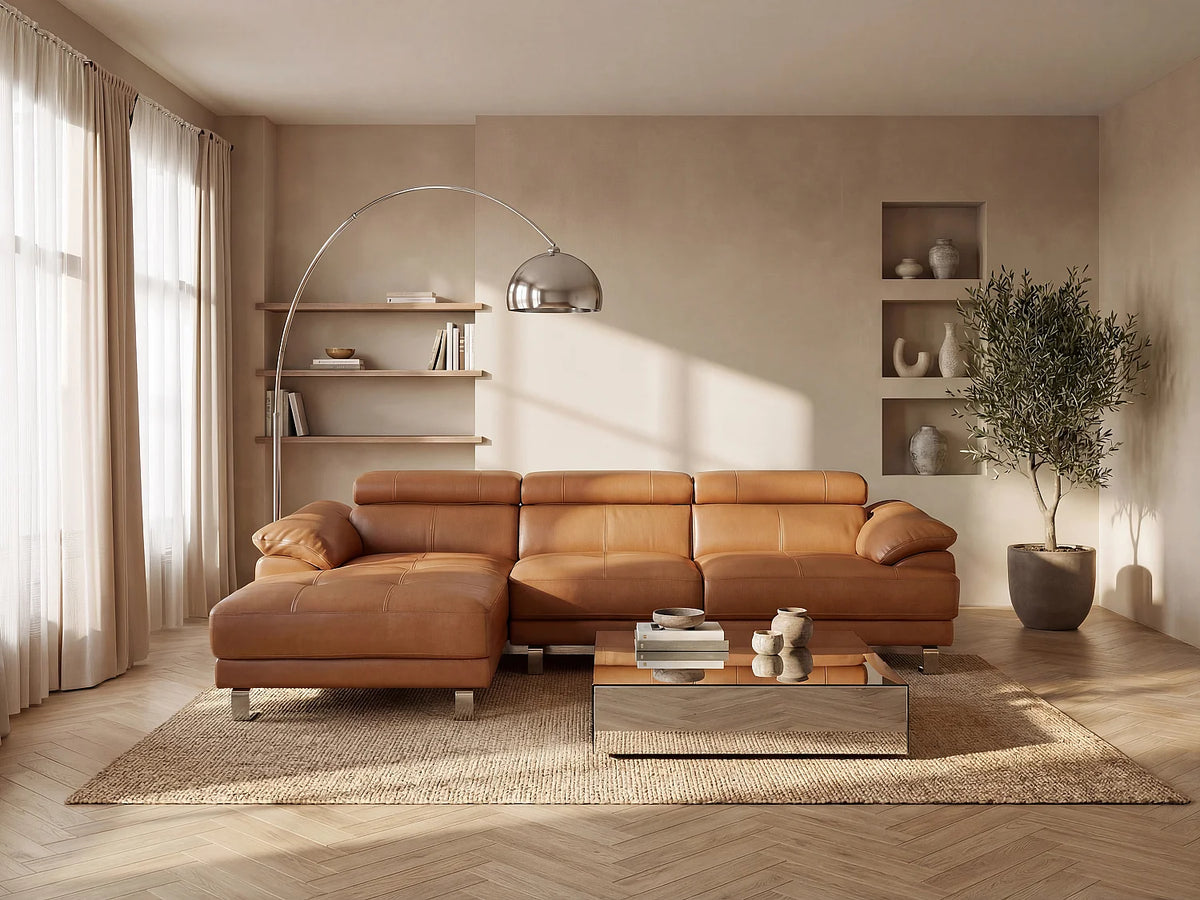 Canapé d'angle Japandi gauche en cuir camel 265 cm - Excelsiora