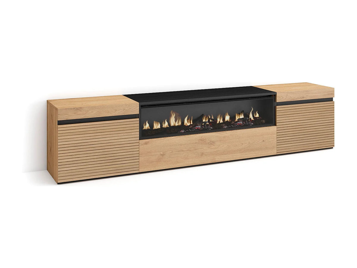 Meuble TV Japandi avec cheminée électrique 2 portes effet chêne 203 x 45 cm
