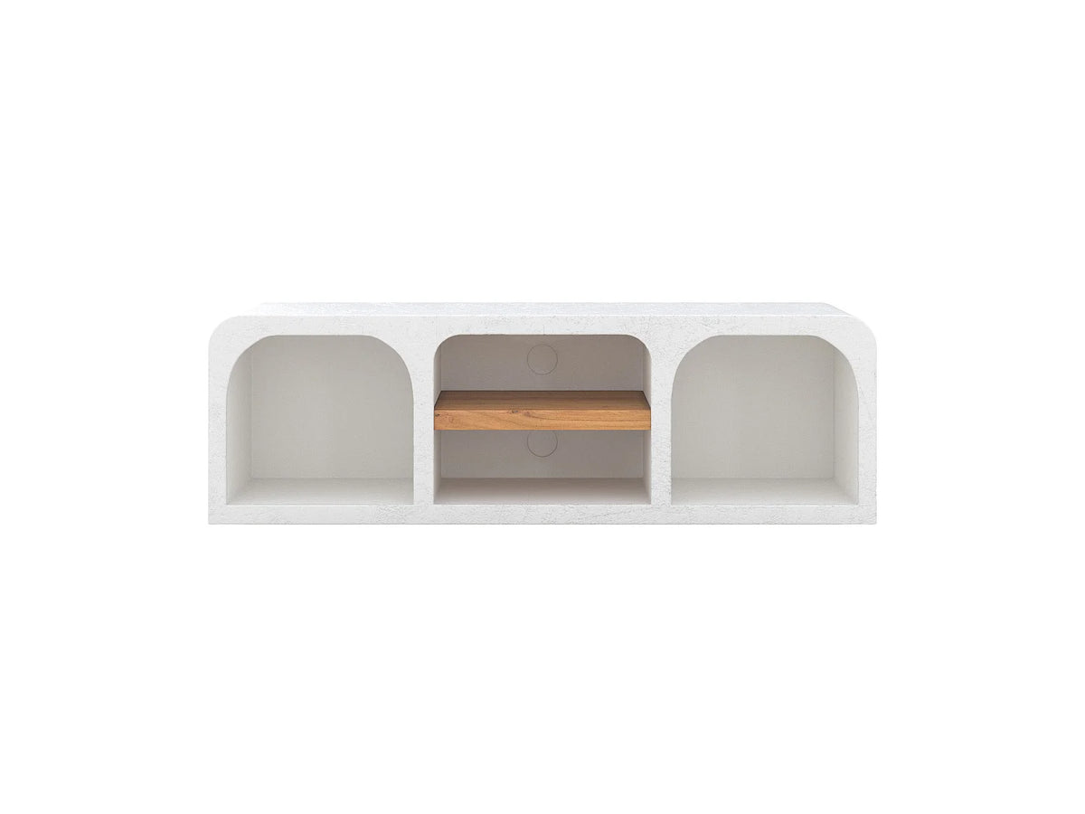 Meuble TV Japandi 4 niches en plâtre blanc cassé 140 x 45 cm - Fira