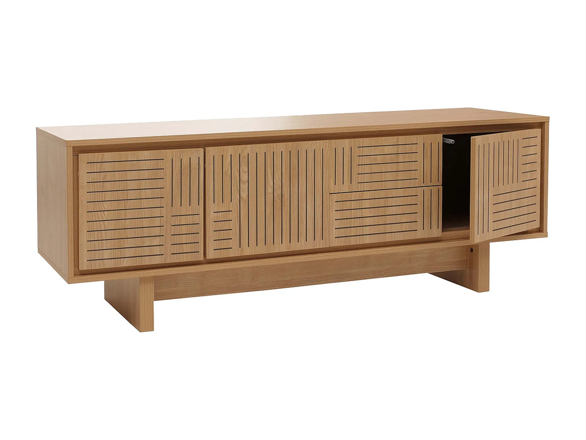 Meuble TV Japandi 3 portes et 2 tiroirs push to open effet orme naturel 150 x 51,5 cm