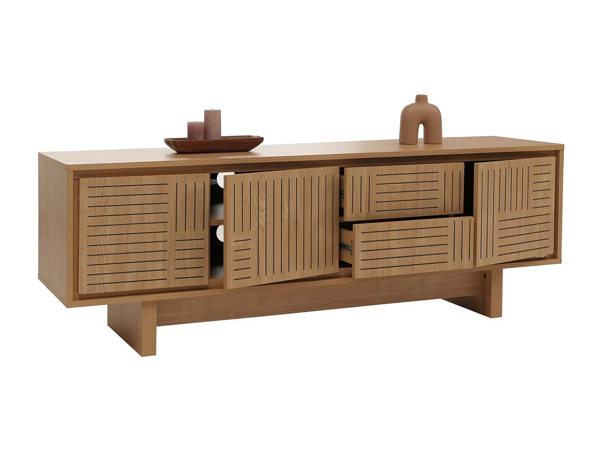 Meuble TV Japandi 3 portes et 2 tiroirs push to open effet orme naturel 150 x 51,5 cm