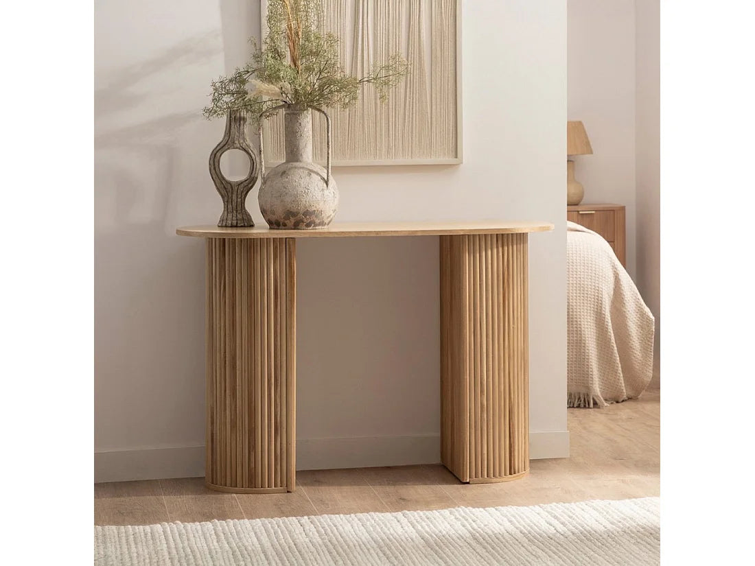 Console Japandi cannelée 2 compartiments cachés en bois de paulownia naturel 110 x 74 cm - Trena