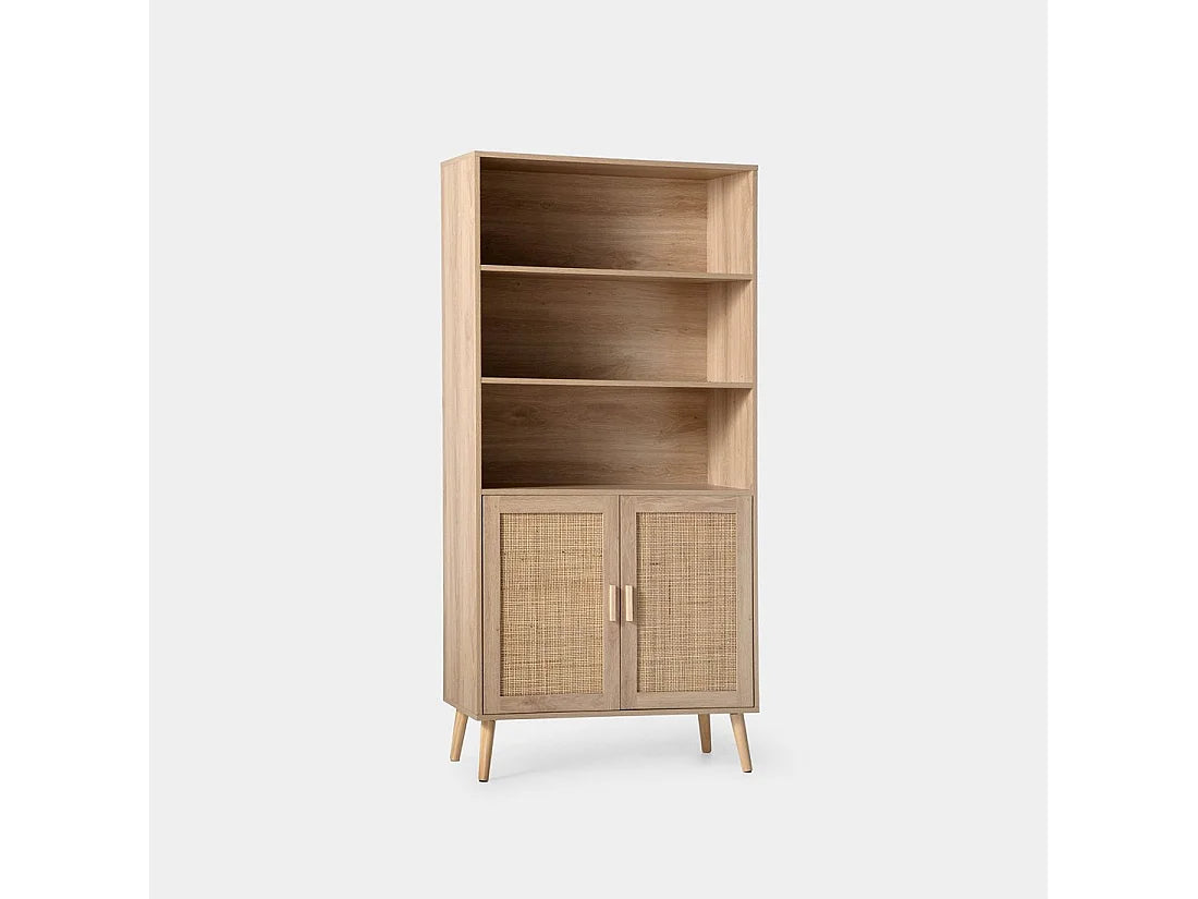 Bibliothèque Japandi 2 portes en cannage et bois naturel 80 x 171 cm - Tahiti
