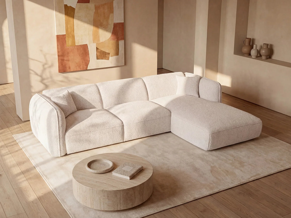 Canapé d'angle Japandi droit en tissu chenille beige 272 cm - Camilio
