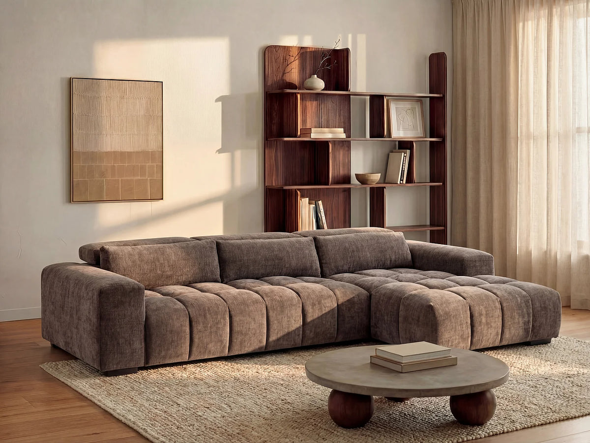 Canapé d'angle Japandi droit en tissu texturé taupe 312 cm - Loponza
