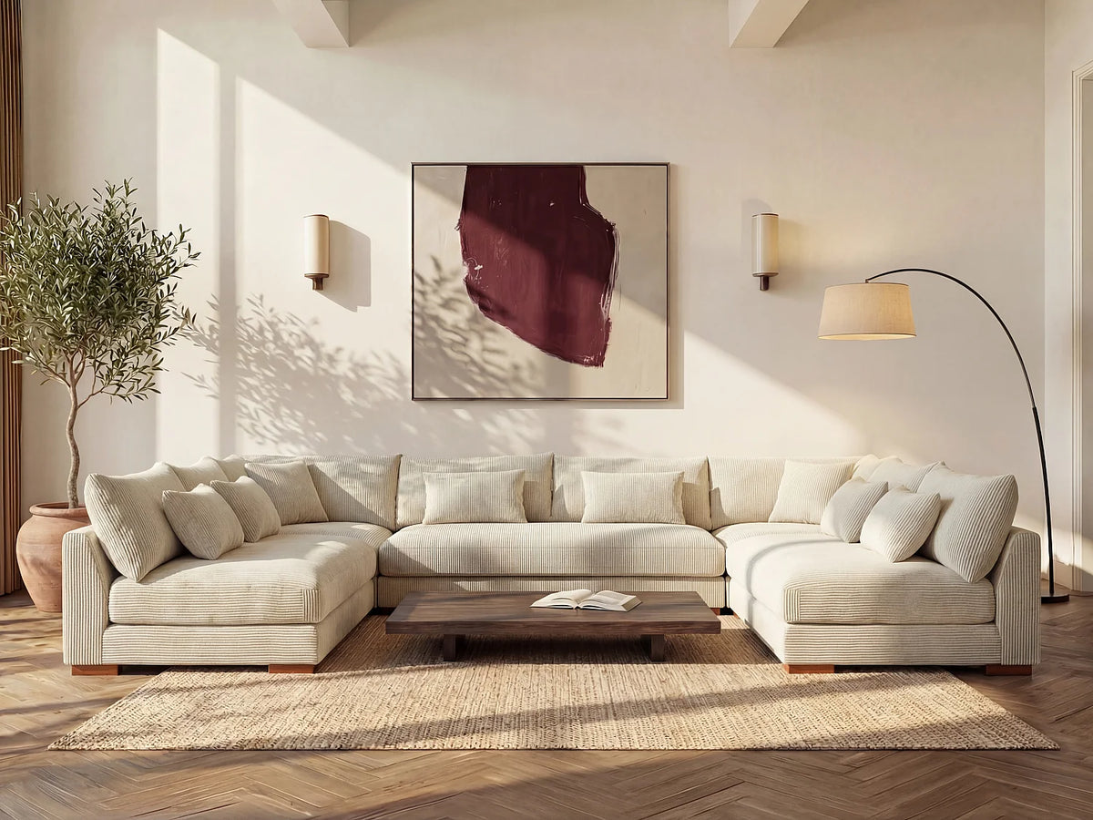 Canapé d'angle Japandi panoramique en velours côtelé beige 375 cm - Sperone