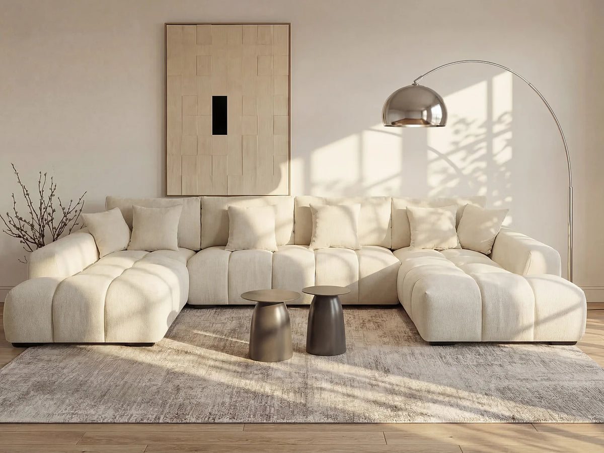 Grand canapé d'angle Japandi panoramique 7 places en tissu texturé beige 364 cm - Berenia