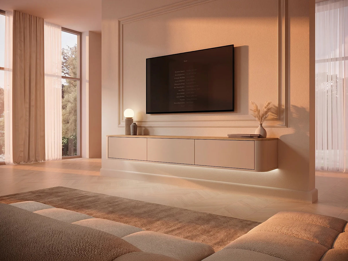 Meuble TV Japandi suspendu 3 portes avec LEDs beige et naturel clair 200 x 28,2 cm - Ajuga