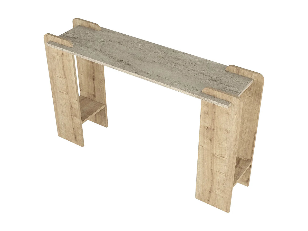 Console Japandi 2 étagères effet travertin beige et naturel clair 130,8 x 76,8 cm - Osenya