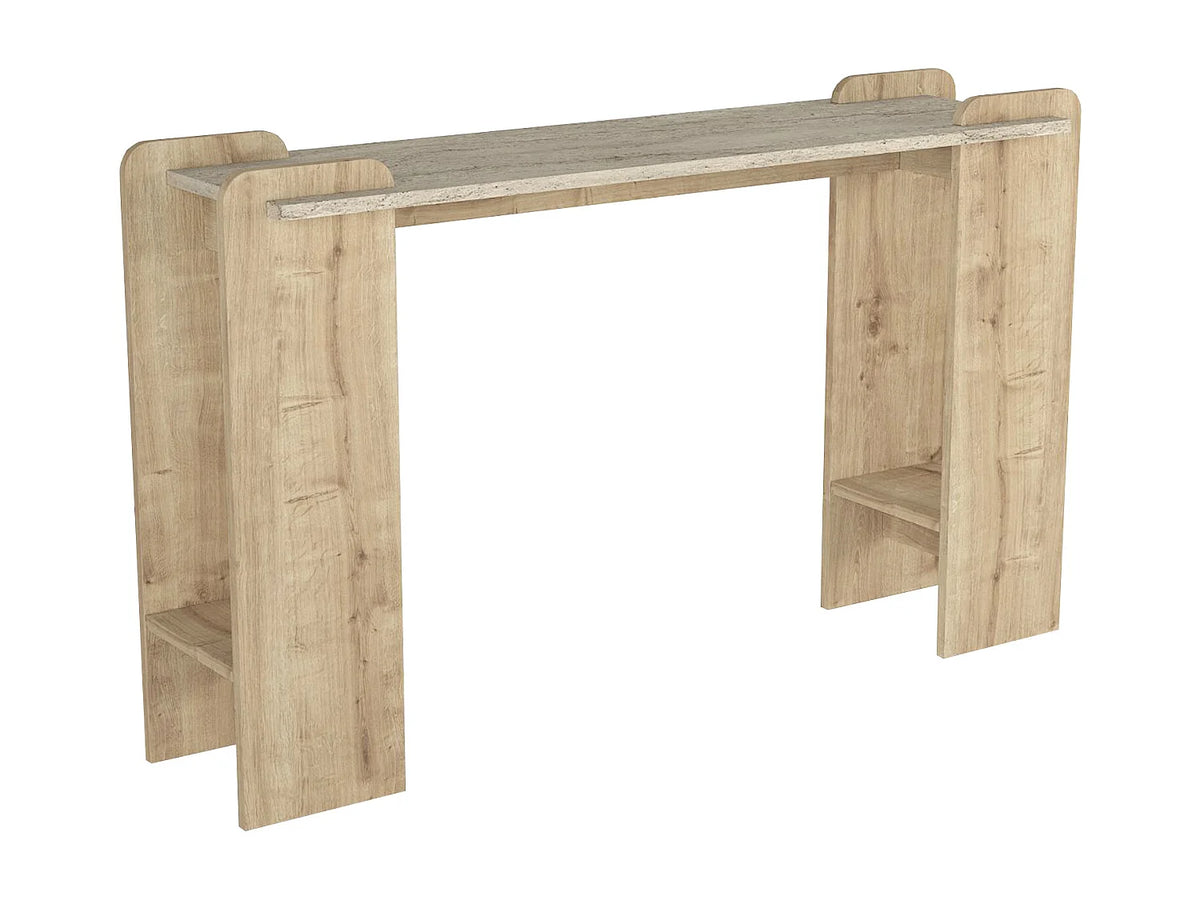 Console Japandi 2 étagères effet travertin beige et naturel clair 130,8 x 76,8 cm - Osenya