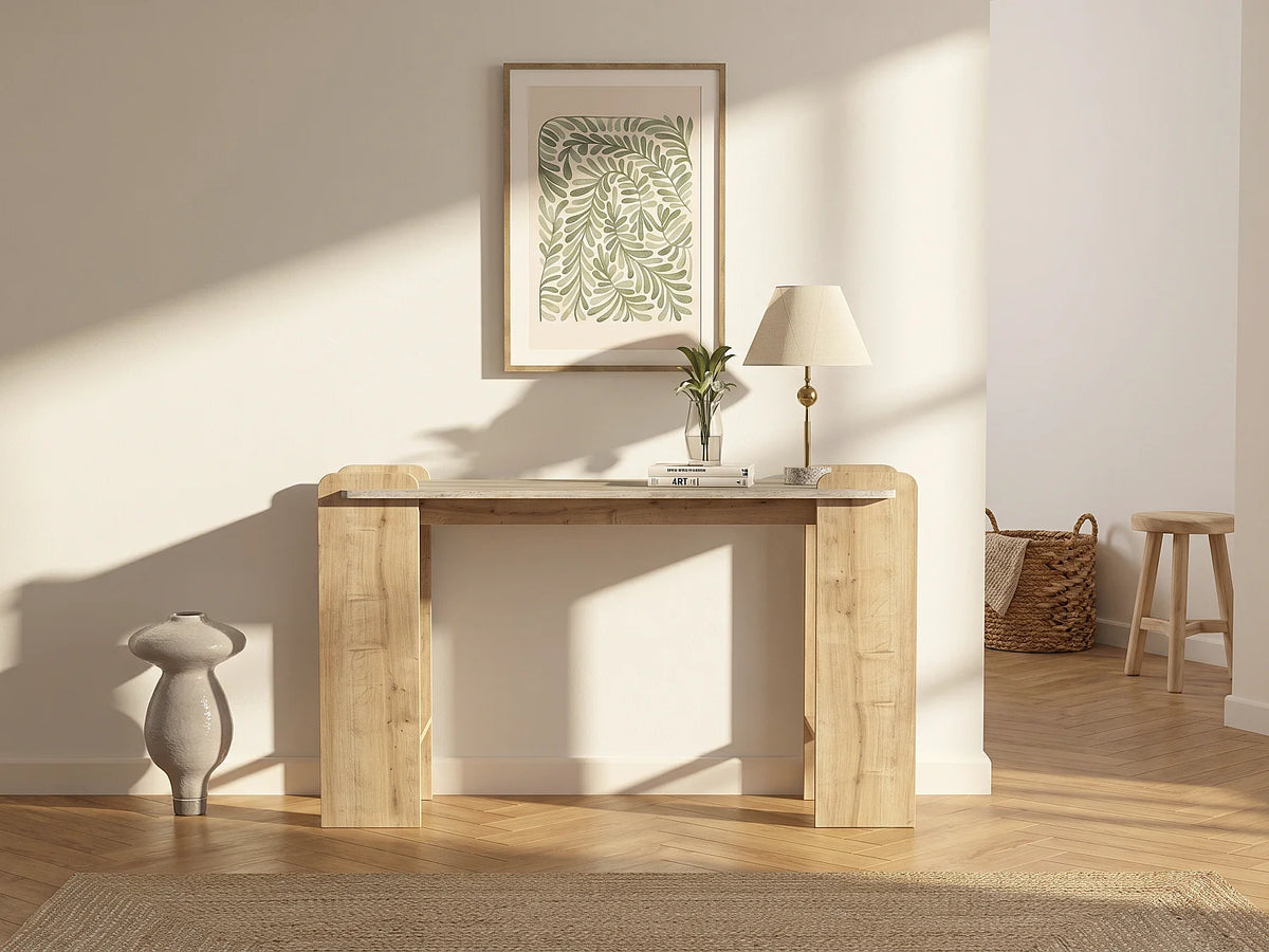 Console Japandi 2 étagères effet travertin beige et naturel clair 130,8 x 76,8 cm - Osenya