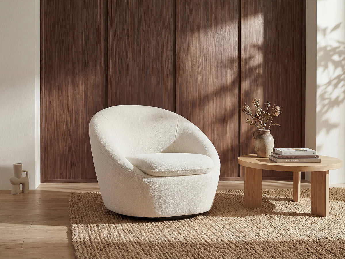 Fauteuil Japandi rond pivotant en tissu bouclette blanc - Lacara