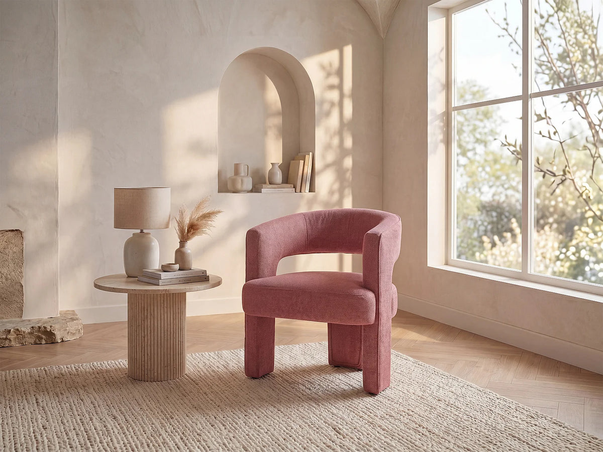 Fauteuil Japandi en tissu texturé terracotta - Fontanova