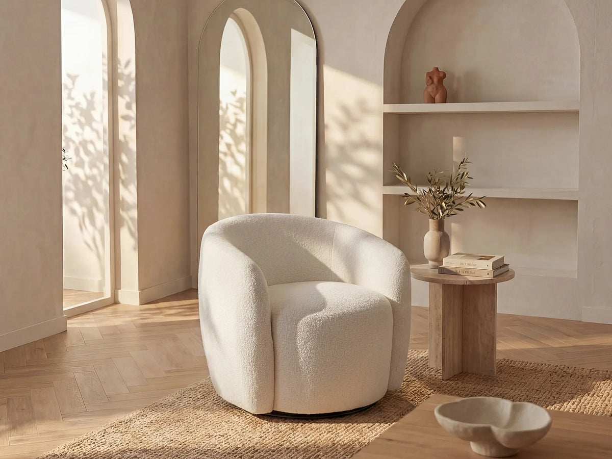 Fauteuil Japandi rond pivotant en tissu bouclette blanc - Vereide