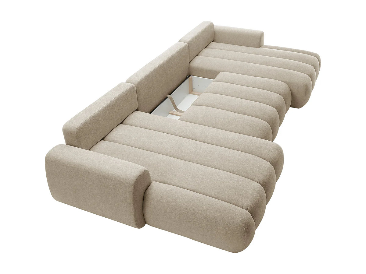 Canapé d'angle Japandi panoramique convertible avec coffre en tissu matelassé beige 364 cm - Fridora