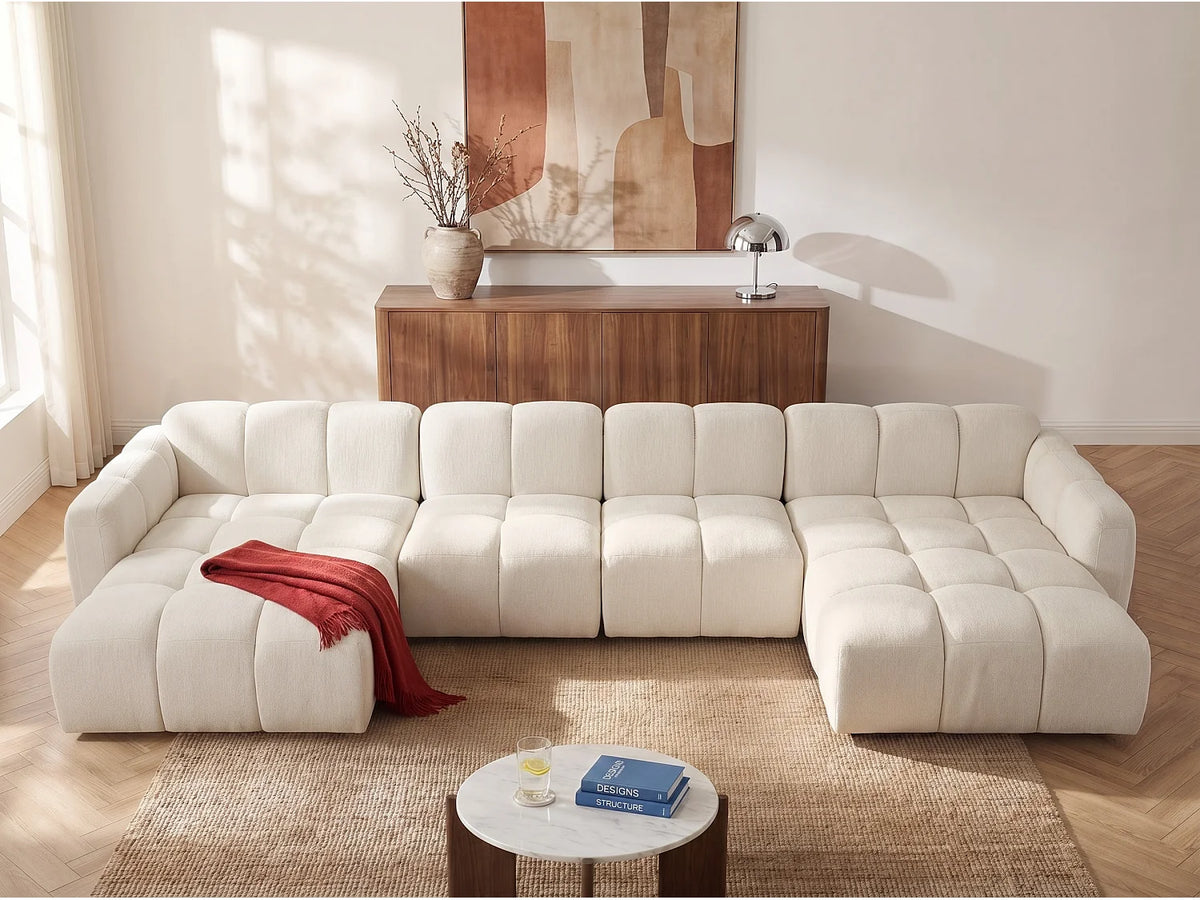 Canapé d'angle Japandi panoramique modulable 7 places en tissu texturé blanc cassé 396 cm - Carlivi