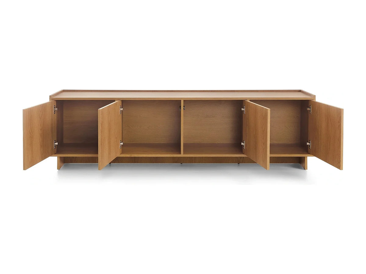 Meuble TV Japandi 4 portes push to open en stratifié chêne caramel 195 x 55 cm - Suna