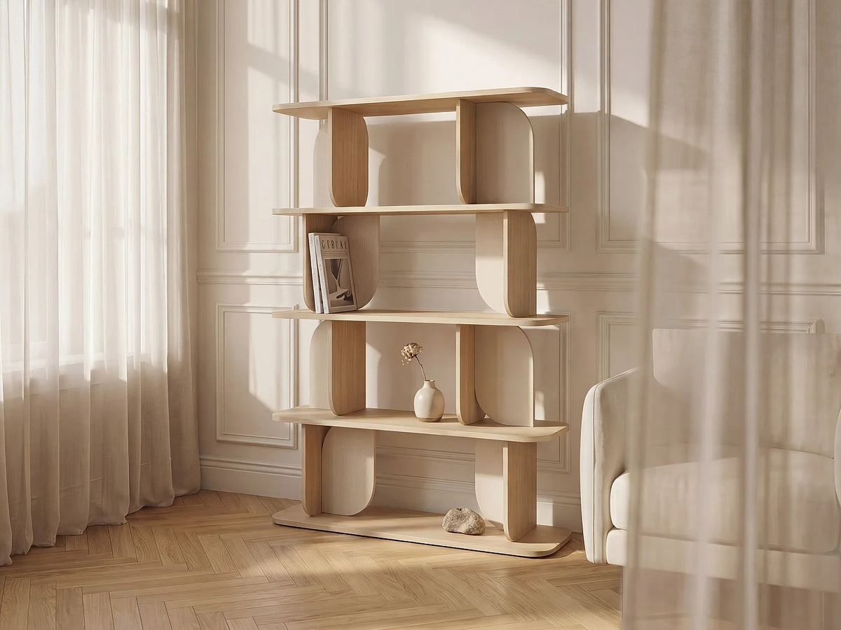 Étagère Japandi 4 tablettes naturel clair et beige 120 x 160,5 cm - Neleria