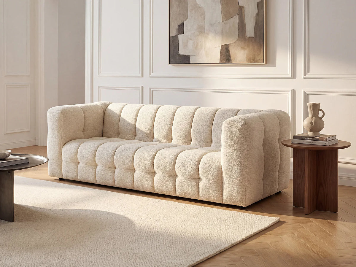 Canapé Japandi 3 places en bouclette blanc ivoire 213 cm - Lerici