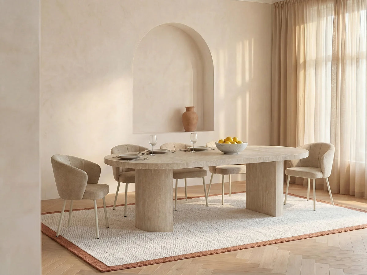 Table à manger ronde Japandi extensible 4 à 12 personnes effet travertin beige Ø 120 cm - Sidrina