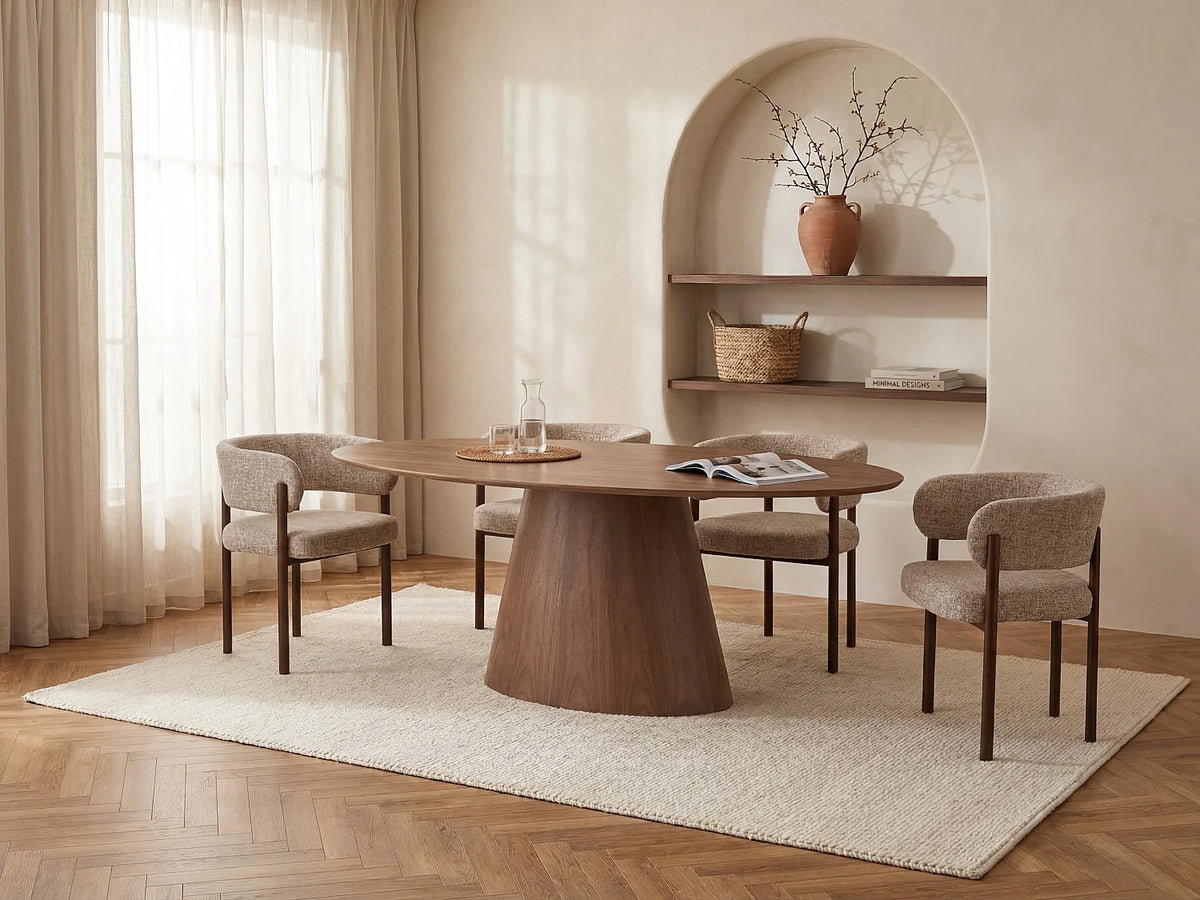Table à manger ovale Japandi 6 personnes placage noyer naturel foncé 160 x 90 cm - Antelada