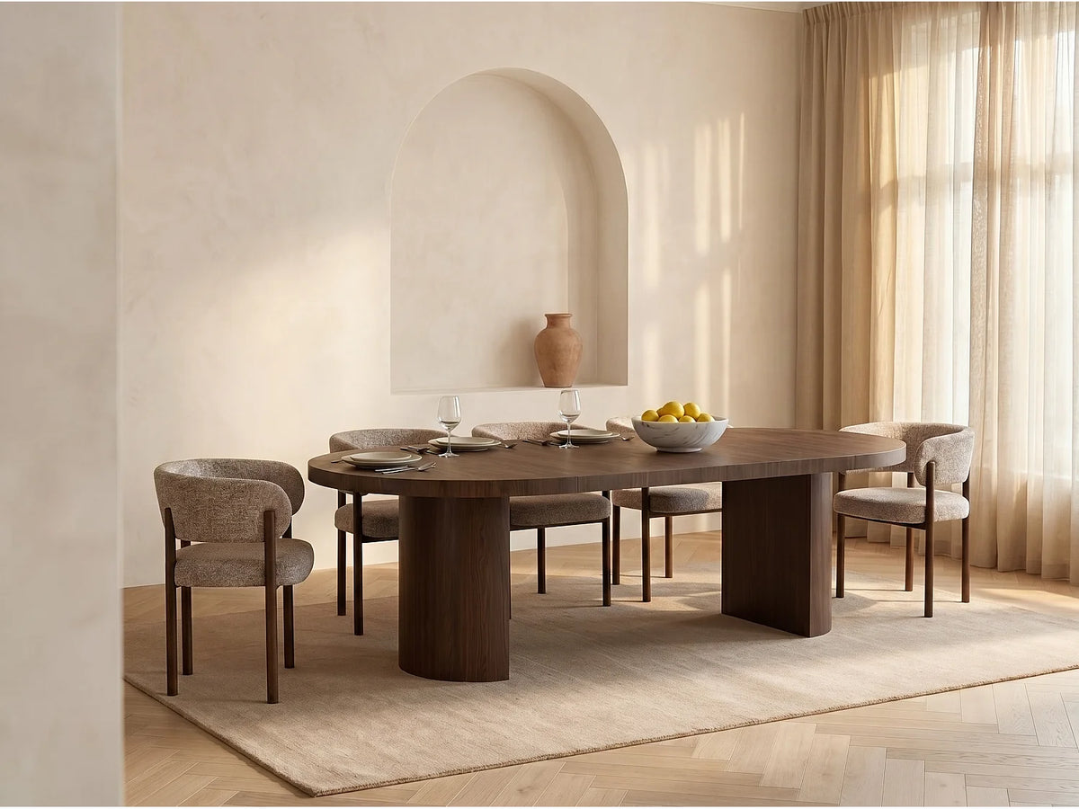 Table à manger ronde Japandi extensible 4 à 12 personnes en MDF naturel foncé Ø 120 cm - Sidrina