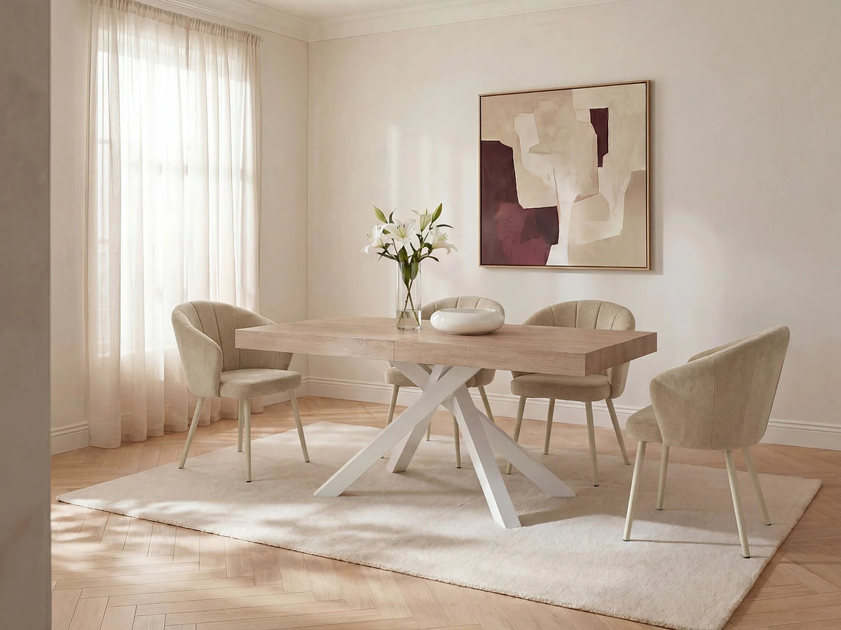 Table à manger Japandi extensible 6 à 10 personnes MDF naturel et métal blanc 160 x 90 cm - Catonav